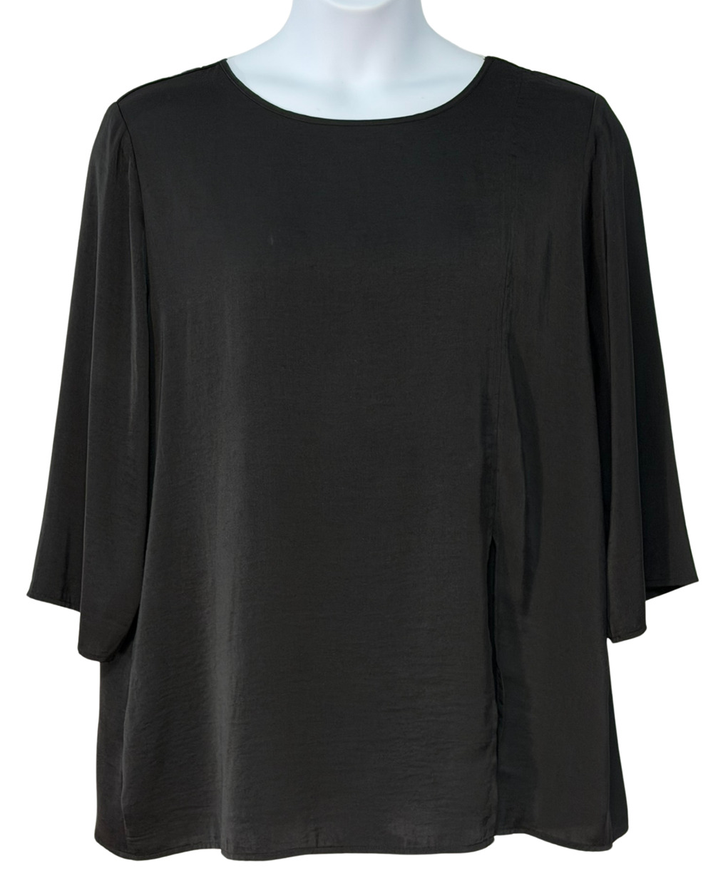 Chico's Sz 3 XL Tunic Top Front Slit Detail Solid Black Silky Lined Lagenlook